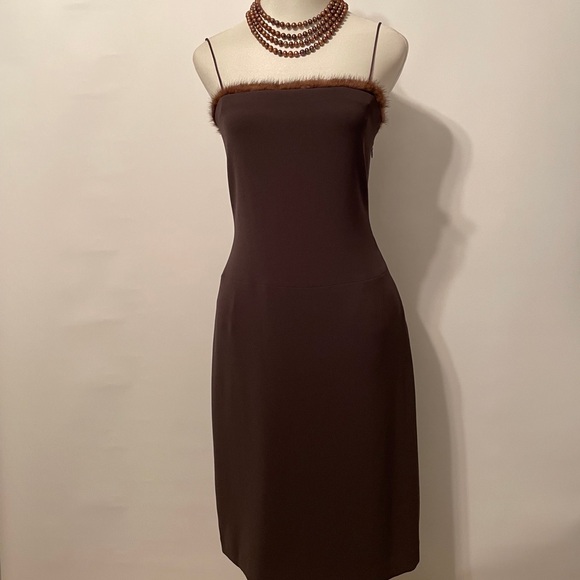 Tahari Striking Mink trimmed Spaghetti Strap Dress - Picture 2 of 13